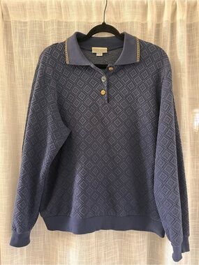 80s Vintage Blue Alfred Dunner Long Sleeve Polo Shirt Medium Diamond Pattern